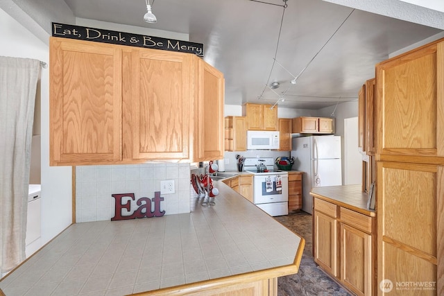 2500 Alder St Unit 335, Milton, WA 98354 - kitchen featuring white appliances, tile countertops, decorative backsplash, and light brown cabinets