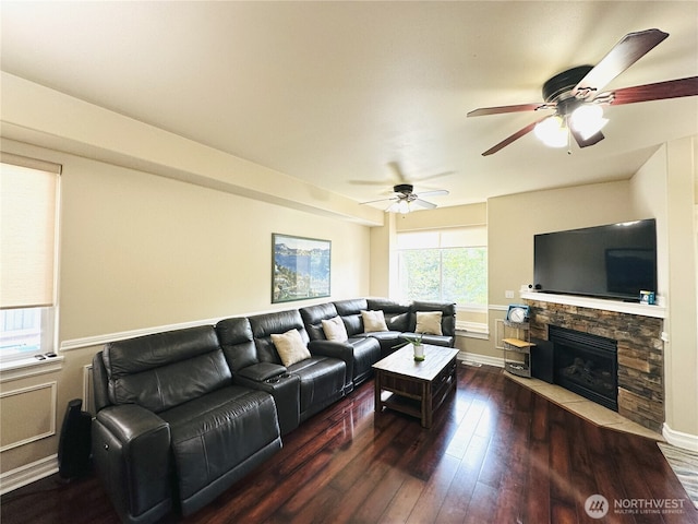 27120 105th Pl SE, Kent, WA 98030 - living room featuring hardwood / wood-style floors, a fireplace, and a ceiling fan