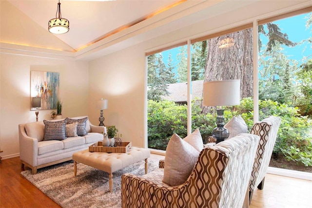 10761 Bill Point Crst NE, Bainbridge Island, WA 98110 - living area featuring lofted ceiling and wood finished floors