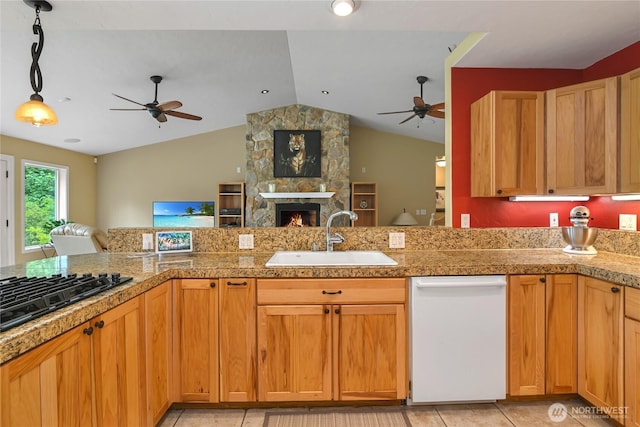 2360 Sapp Rd SW, Tumwater, WA 98512 - kitchen featuring ceiling fan, white dishwasher, open floor plan, vaulted ceiling, and black gas cooktop