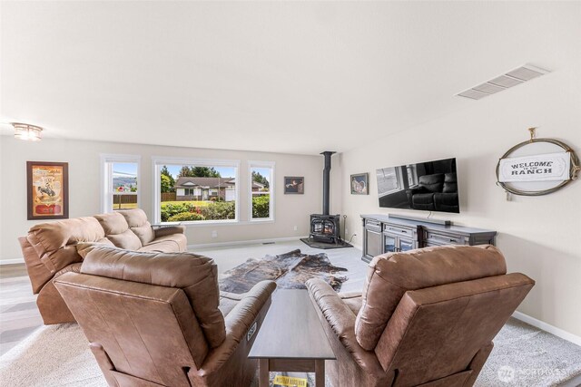 824 Orth Way, Sedro Woolley, WA 98284 - living area featuring a wood stove and light carpet