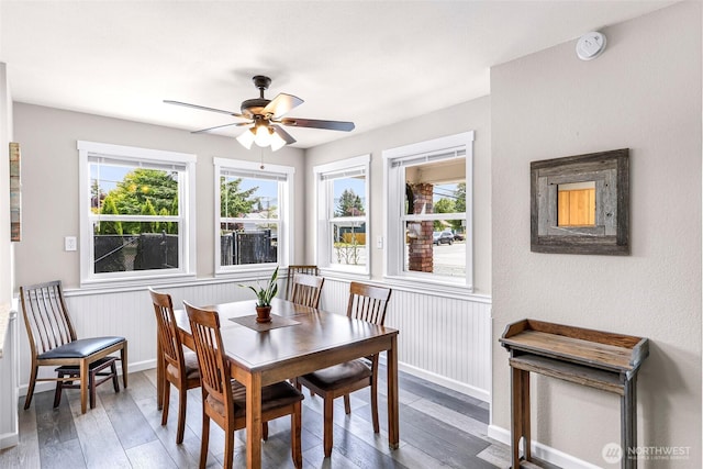824 Orth Way, Sedro Woolley, WA 98284 - dining space with plenty of natural light, a ceiling fan, hardwood / wood-style floors, and a wainscoted wall