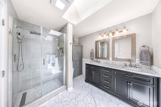 824 Orth Way, Sedro Woolley, WA 98284 - bathroom with double vanity, a stall shower, and tile patterned floors