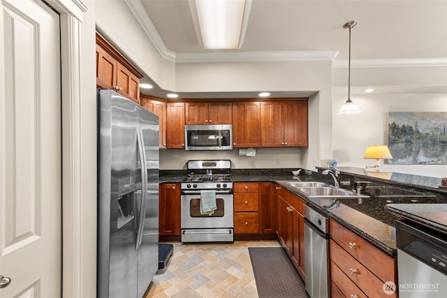 2440 S Steele St Unit 103, Tacoma, WA 98405 - kitchen with appliances with stainless steel finishes, crown molding, brown cabinetry, dark stone counters, and decorative light fixtures