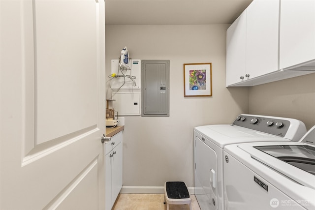 2440 S Steele St Unit 103, Tacoma, WA 98405 - washroom featuring washer and dryer, cabinet space, electric panel, and light tile patterned floors