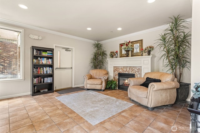 2440 S Steele St Unit 103, Tacoma, WA 98405 - living area with a fireplace, crown molding, and recessed lighting