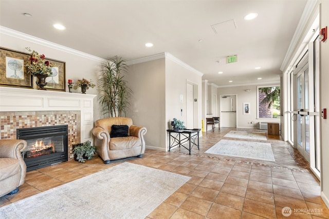 2440 S Steele St Unit 103, Tacoma, WA 98405 - foyer entrance featuring a tiled fireplace, recessed lighting, ornamental molding, and light tile patterned floors