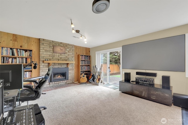 2212 186th Ave NE, Redmond, WA 98052 - office featuring carpet flooring, a fireplace, wooden walls, and track lighting