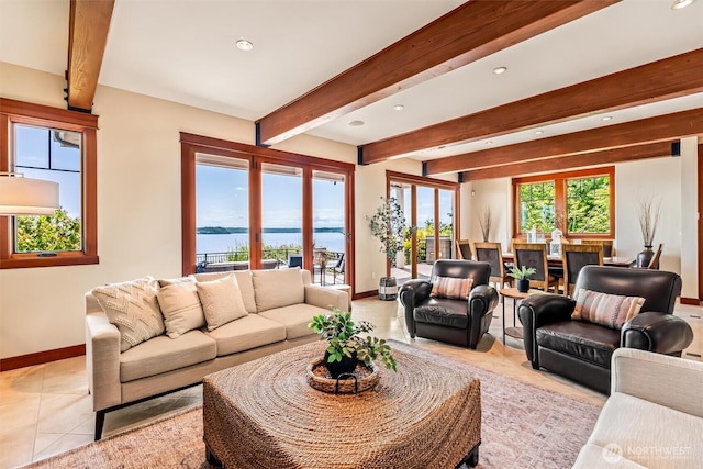 6117 39th Dr NW, Marysville, WA 98271 - living area featuring a water view, recessed lighting, beamed ceiling, and light tile patterned floors