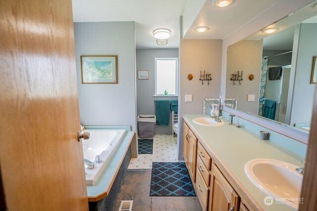 1448 Rd C NE, Moses Lake, WA 98837 - full bath featuring a bath, double vanity, tile patterned floors, and a shower