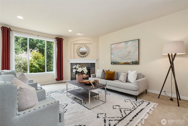 24826 SE 22nd Ct, Sammamish, WA 98075 - carpeted living room featuring a fireplace and recessed lighting