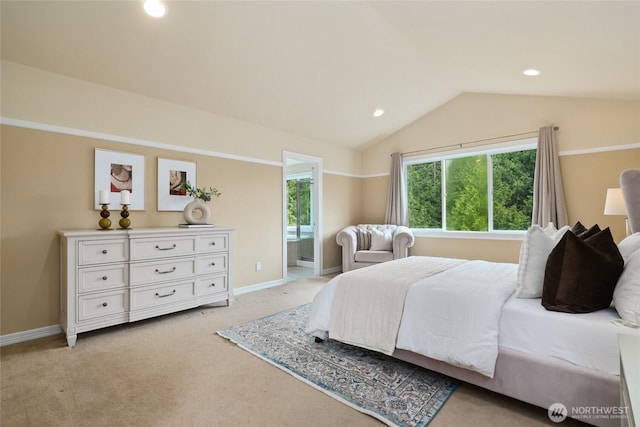 24826 SE 22nd Ct, Sammamish, WA 98075 - bedroom featuring light carpet, vaulted ceiling, and recessed lighting