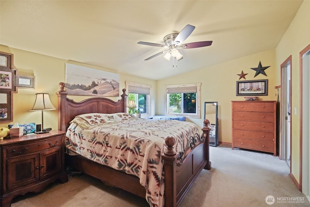 6338 Kirsop, Olympia, WA 98512 - bedroom featuring light carpet, lofted ceiling, and ceiling fan