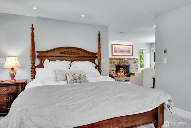 16525 39th Ave NE, Lake Forest Park, WA 98155 - bedroom featuring a fireplace, carpet flooring, and recessed lighting