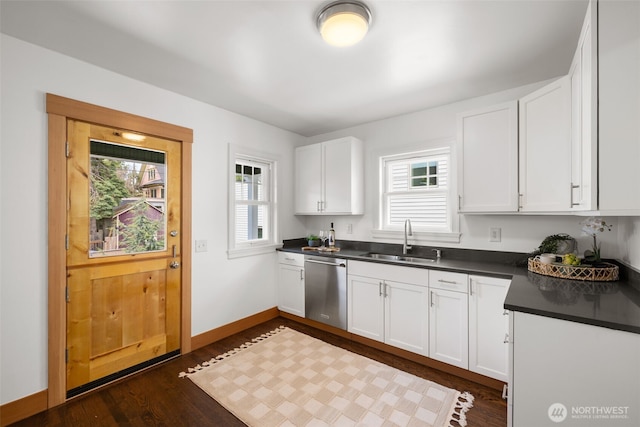 6427 Flora Ave S, Seattle, WA 98108 - kitchen with dishwasher, dark countertops, white cabinets, and dark wood finished floors