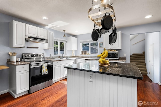 6621 125th Street Ct E, Puyallup, WA 98373 - kitchen with appliances with stainless steel finishes, under cabinet range hood, wood finished floors, white cabinetry, and recessed lighting