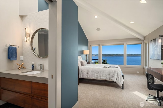 6411 View St NE, Tacoma, WA 98422 - bedroom with carpet, a water view, and recessed lighting
