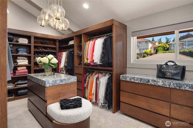 6411 View St NE, Tacoma, WA 98422 - spacious closet featuring lofted ceiling, a chandelier, and light carpet