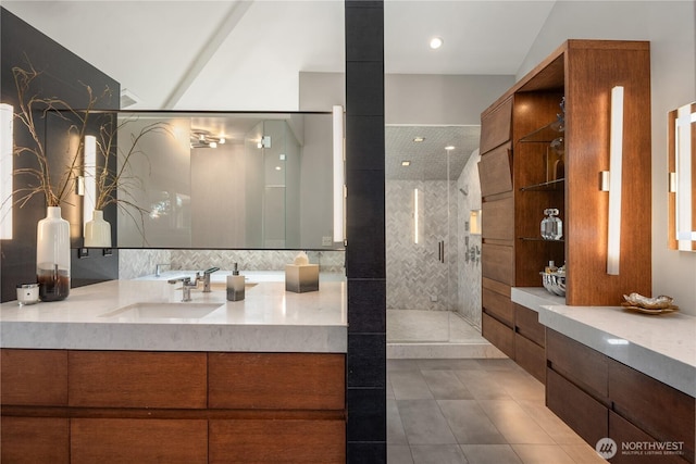 6411 View St NE, Tacoma, WA 98422 - full bath featuring a stall shower, vanity, and tile patterned floors