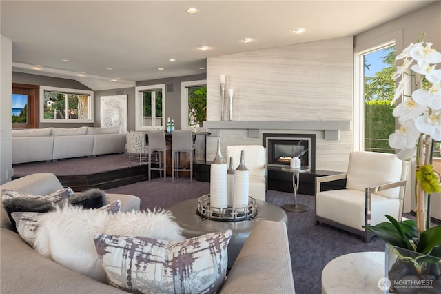 6411 View St NE, Tacoma, WA 98422 - living area featuring recessed lighting, a fireplace, and carpet floors