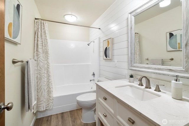 4530 Vacca Ln, Bellingham, WA 98226 - bathroom with vanity, shower / bath combination with curtain, wood finished floors, and wooden walls