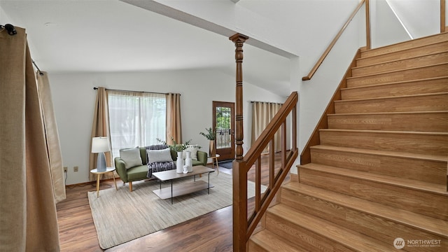 5109 S Myrtle St, Seattle, WA 98118 - living area with stairs, wood finished floors, and vaulted ceiling