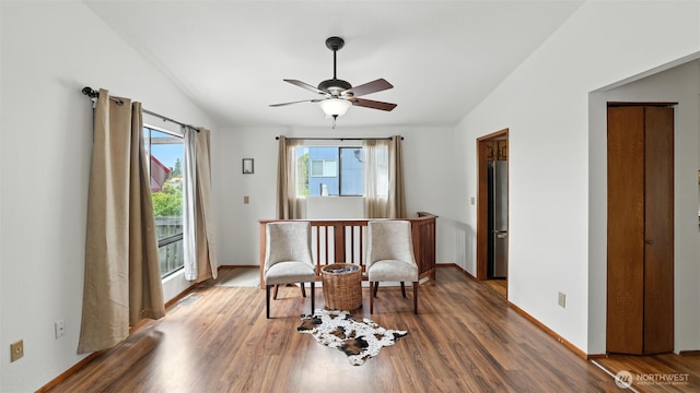 5109 S Myrtle St, Seattle, WA 98118 - living area with lofted ceiling, wood finished floors, and a ceiling fan