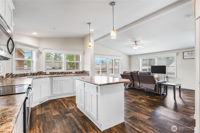 120 L St SE, Auburn, WA 98002 - kitchen featuring dark wood-style floors, appliances with stainless steel finishes, ceiling fan, white cabinetry, and recessed lighting