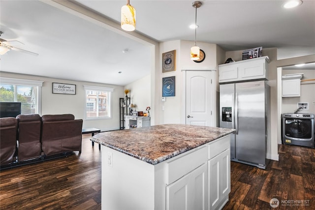 120 L St SE, Auburn, WA 98002 - kitchen with stainless steel fridge with ice dispenser, a ceiling fan, open floor plan, dark wood-style flooring, and recessed lighting