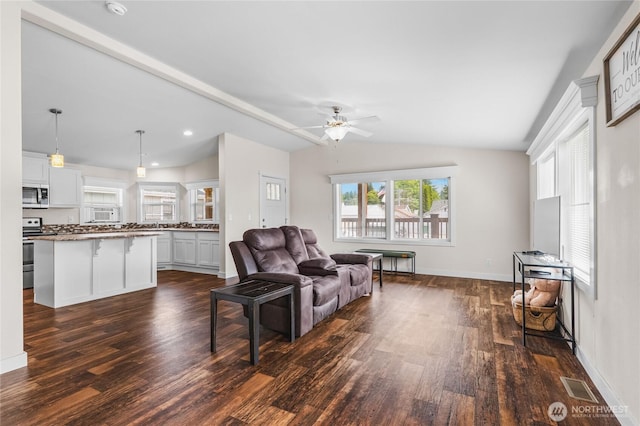 120 L St SE, Auburn, WA 98002 - living area featuring vaulted ceiling, dark wood-style flooring, ceiling fan, and recessed lighting