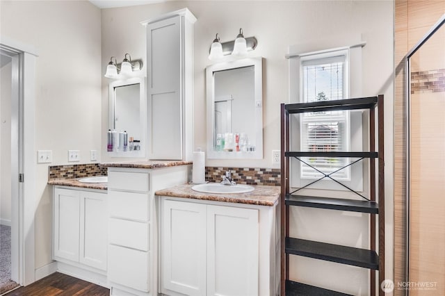 120 L St SE, Auburn, WA 98002 - full bathroom featuring backsplash, two vanities, and a shower with door