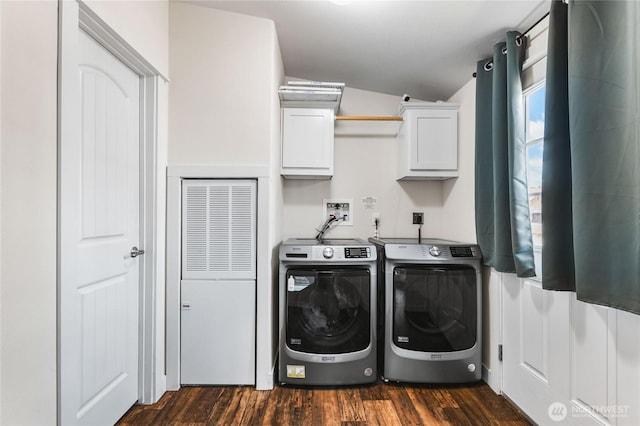 120 L St SE, Auburn, WA 98002 - laundry room with cabinet space, dark wood-style floors, washer and clothes dryer, and a heating unit