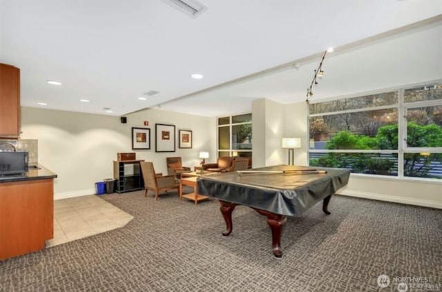 1420 Terry Ave Unit 907, Seattle, WA 98101 - recreation room with carpet flooring, tile patterned flooring, pool table, and recessed lighting