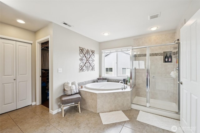 12009 31st Pl NE, Lake Stevens, WA 98258 - full bathroom with tile patterned flooring, a bath, a stall shower, and recessed lighting