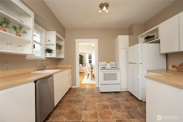 3207 N 9th St, Tacoma, WA 98406 - kitchen featuring open shelves, white appliances, plenty of natural light, and white cabinetry