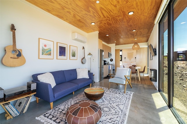 23648 Cliffe Pointe Rd NW Unit 10C, Quincy, WA 98848 - living room featuring an AC wall unit, finished concrete floors, recessed lighting, and wooden ceiling