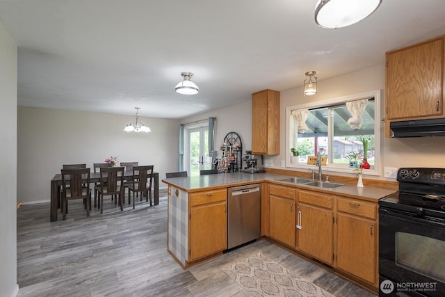 7649 Mcdougal Ave NE, Moses Lake, WA 98837 - kitchen with stainless steel dishwasher, black electric range, under cabinet range hood, light wood-style floors, and a peninsula