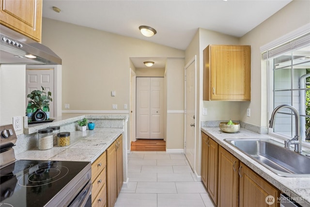 13145 102nd Ln NE Unit 6, Kirkland, WA 98034 - kitchen with stainless steel appliances, extractor fan, light countertops, light tile patterned floors, and vaulted ceiling