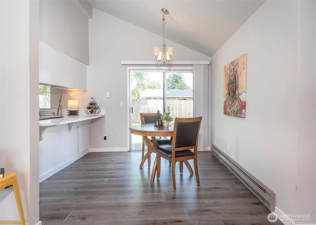 9610 Belmont Dr, Everett, WA 98208 - dining room featuring baseboard heating, a chandelier, lofted ceiling, and dark wood-style flooring