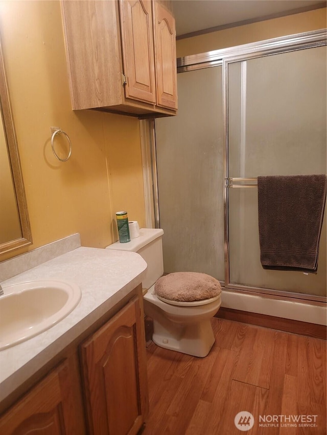 1502 Yelm Ave W Unit 7, Yelm, WA 98597 - bathroom with wood finished floors, a shower with door, and vanity