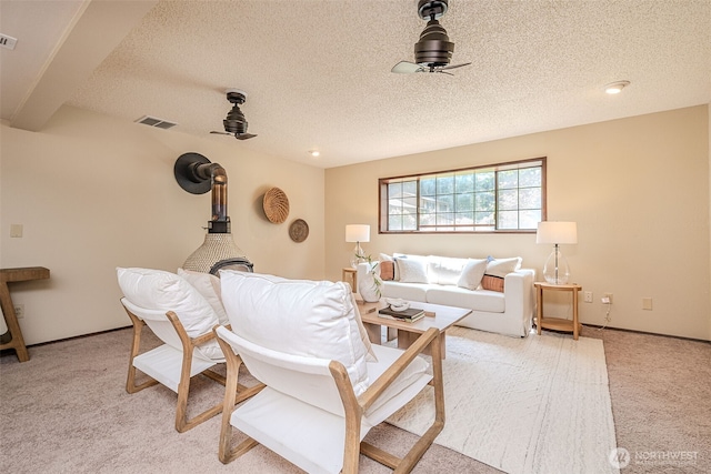 8524 46th Ct NE, Olympia, WA 98516 - living area with a wood stove, light colored carpet, a textured ceiling, and a ceiling fan