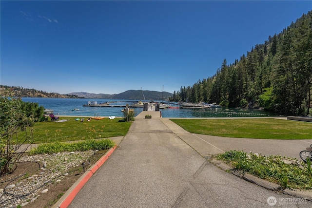 11155 S Lakeshore Rd, Chelan, WA 98816 - view of property's community with a water and mountain view, a lawn, and a boat dock
