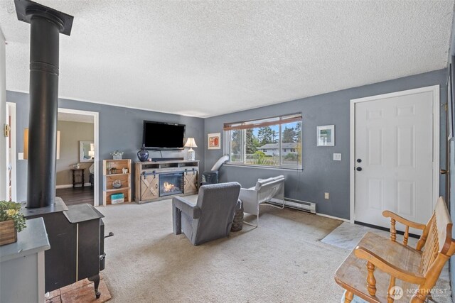 50 W Robert Pl, Sequim, WA 98382 - living area featuring baseboard heating, a wood stove, a textured ceiling, and carpet flooring