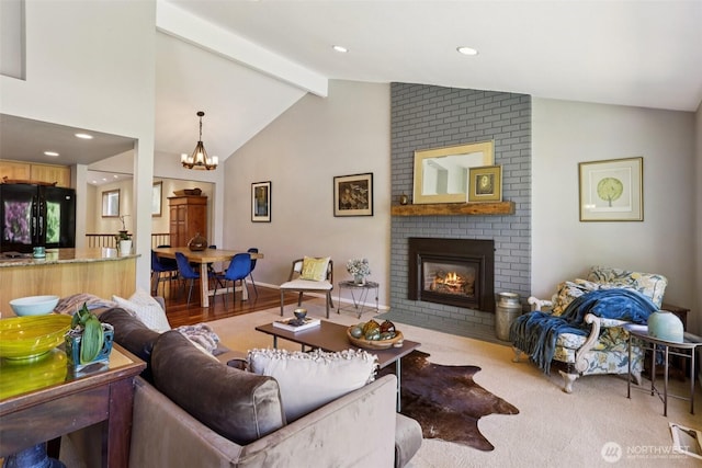 7622 130th Ave NE, Kirkland, WA 98033 - carpeted living area featuring a brick fireplace and a chandelier
