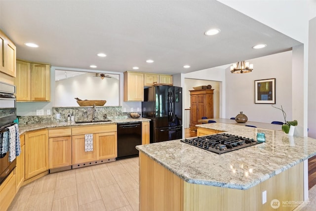 7622 130th Ave NE, Kirkland, WA 98033 - kitchen with black appliances, light brown cabinetry, a center island, a chandelier, and recessed lighting