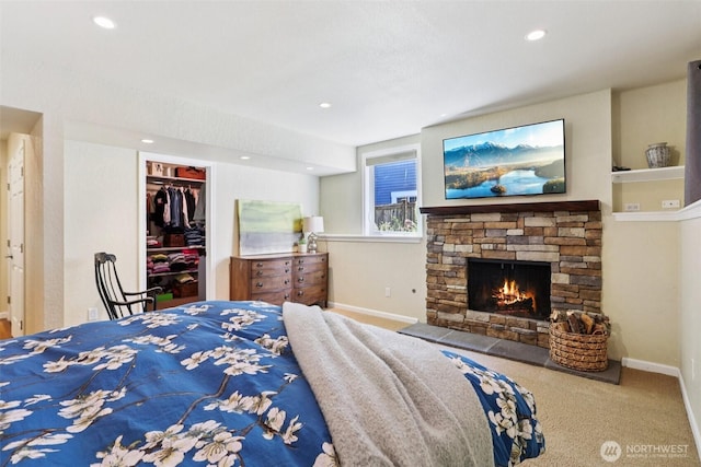 7622 130th Ave NE, Kirkland, WA 98033 - bedroom featuring a fireplace, recessed lighting, a closet, and carpet flooring