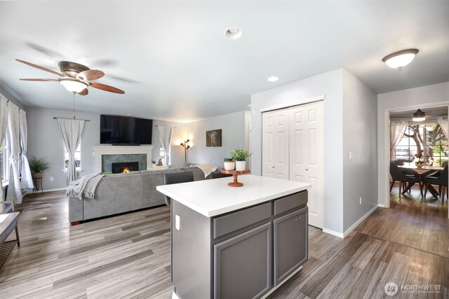 13421 Elk Ridge Rd SE, Monroe, WA 98272 - kitchen with gray cabinets, ceiling fan, light countertops, a center island, and light wood finished floors