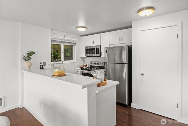 2636 22nd Ave W Unit 101, Seattle, WA 98199 - kitchen featuring appliances with stainless steel finishes, a peninsula, dark wood finished floors, and light countertops