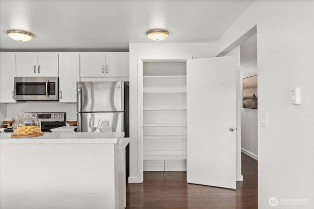 2636 22nd Ave W Unit 101, Seattle, WA 98199 - kitchen with appliances with stainless steel finishes, dark wood-style floors, light countertops, and white cabinets