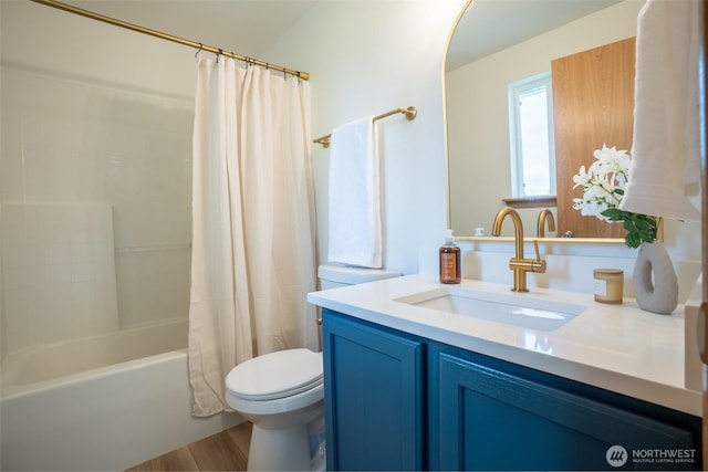 7801 144th Street Ct E, Puyallup, WA 98375 - bathroom with vanity, shower / bath combo with shower curtain, and wood finished floors